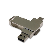 USB 3.0- флешка на 32 Гб поворотный механизм 2 в 1, c дополнительным разъемом Type-C с одноцветным металлическим клипом, серый