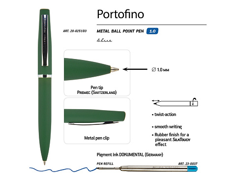 Ручка металлическая шариковая Portofino, софт-тач, 1.0 мм, зеленый - рис 3.
